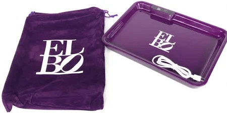 Purple LED Elbo Glass rolling tray from 420 Products with illuminated surface, durable design for convenient rolling.