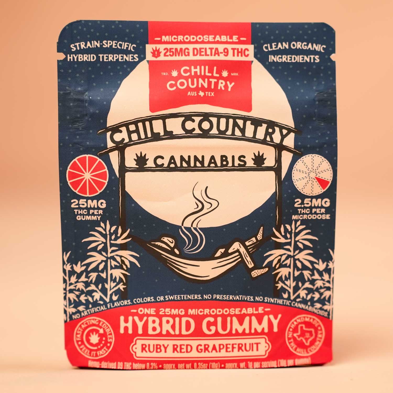 Ruby Red Grapefruit 25mg THC hybrid gummies by Chill Country in a clear package with vibrant fruit illustration.
