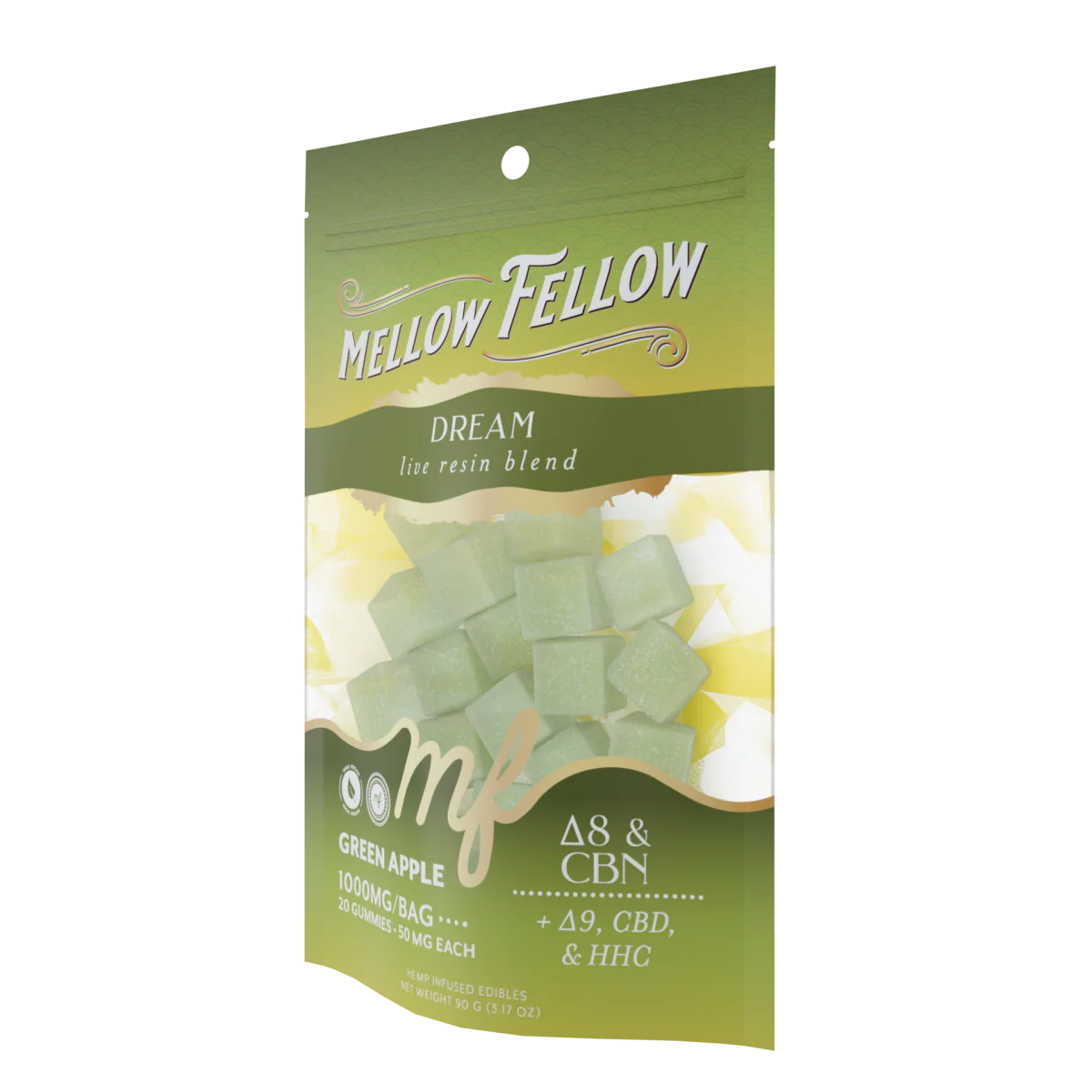 Green Apple Euphoria Premium Blend hemp-infused gummies by Mellow Fellow, 1000mg, 20 count, with vibrant green apple flavor.