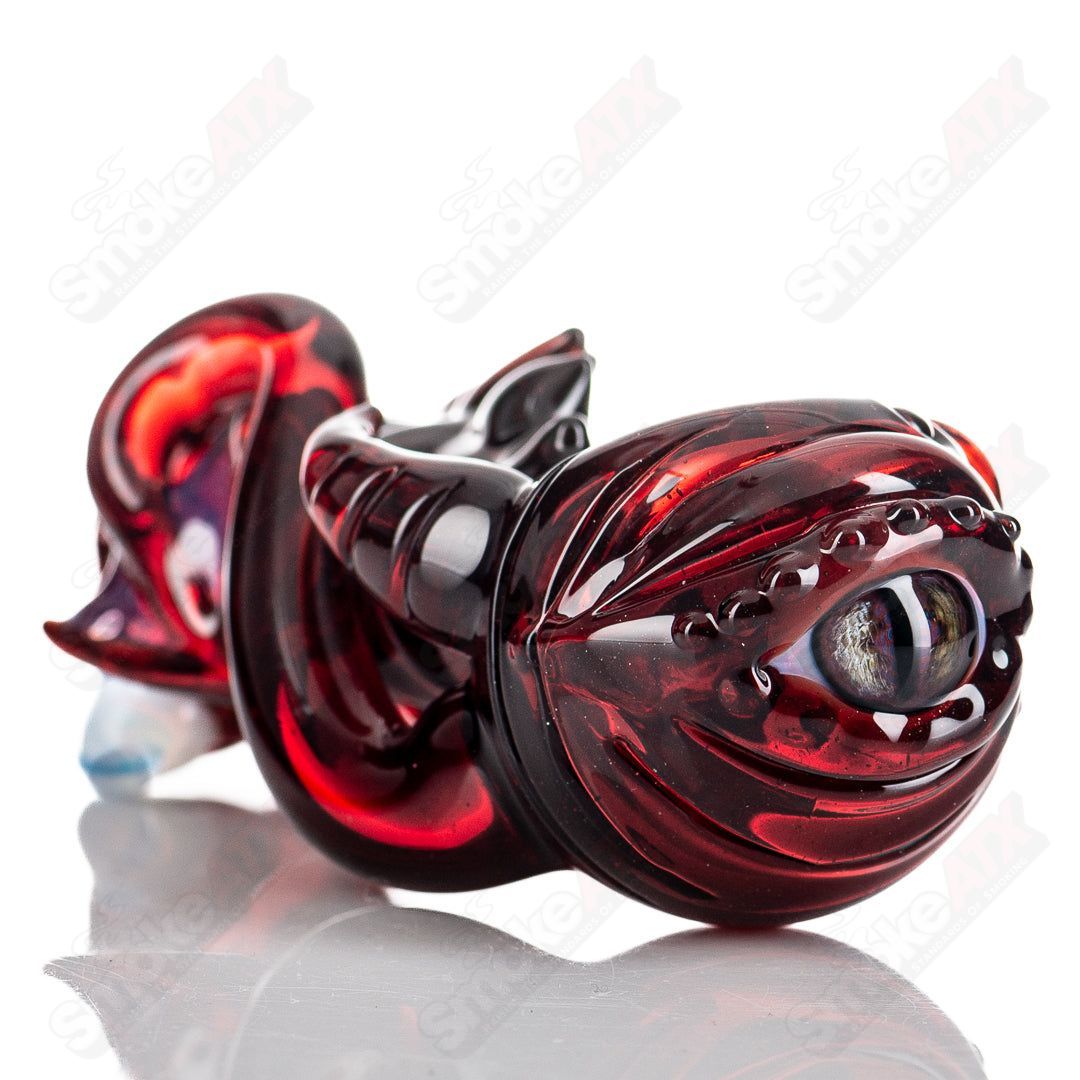 Mako Glass Seamonster Spoon hand pipe, colorful heady glass with sea creature design, clear glass accents, detailed craftsmanship