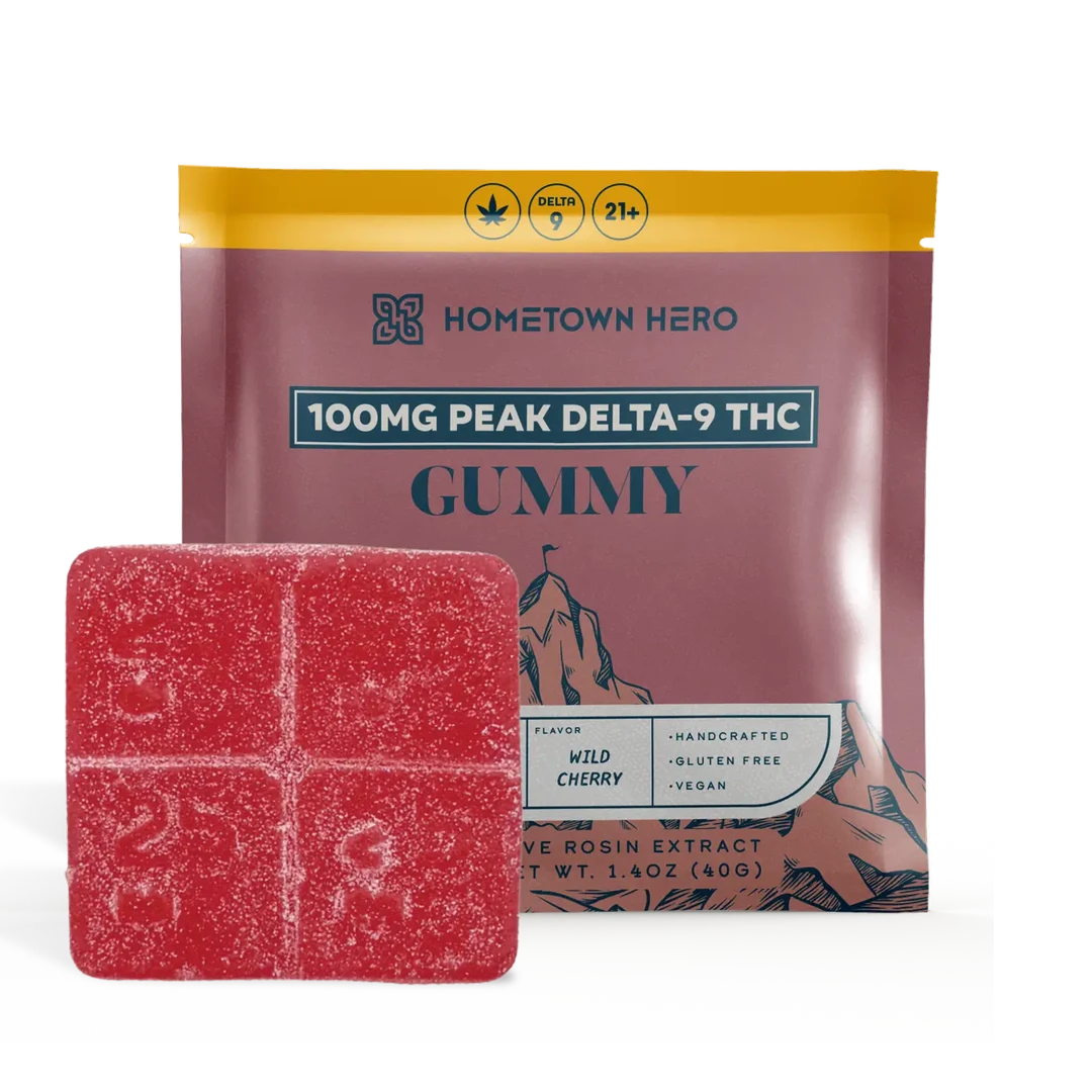 Hometown Hero White Rhino 100mg Wild Cherry THC hemp edibles Peak D9 gummies, colorful gummy candies with cherry flavor.