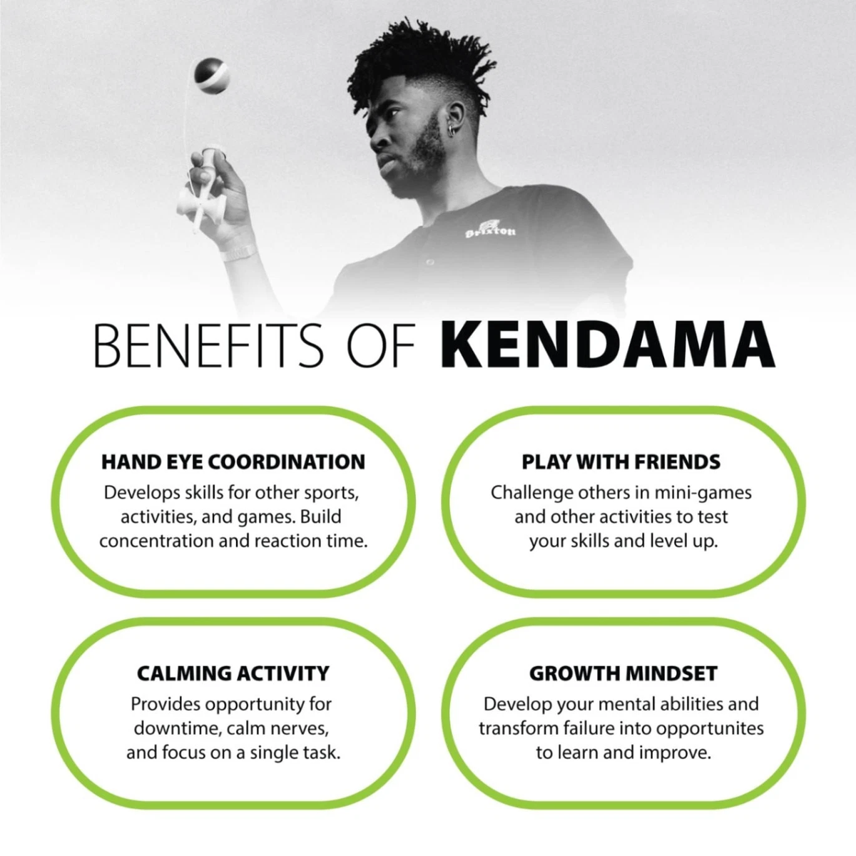 Green Prime Radar Sweets Kendama with wooden handle and ball, showcasing vibrant color and sleek design for skill play.