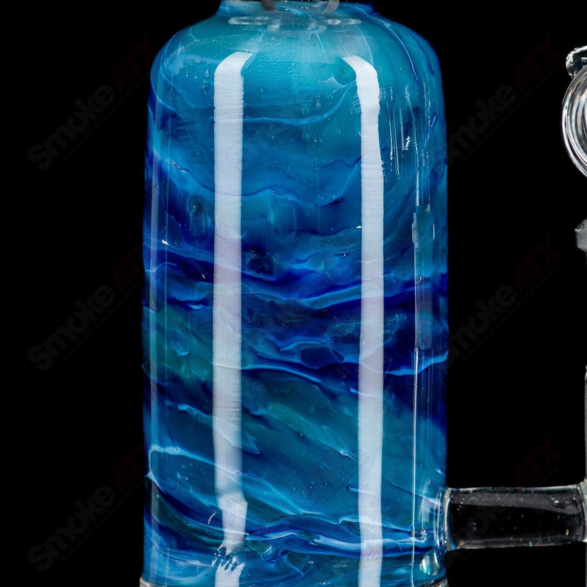 13-inch blue and light blue fade Apolocoline straight glass tube with 14mm bowl by Dirty Rico Glass featuring clear glass accents.