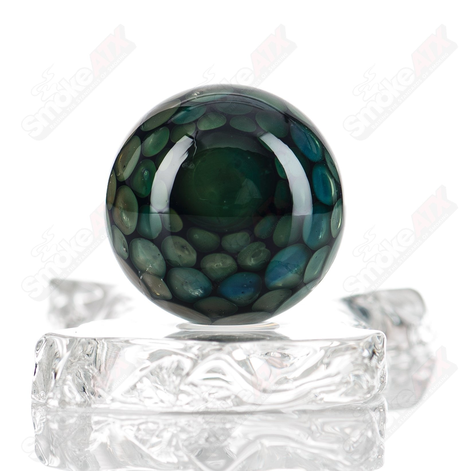 Clear marble glass globe from Flex Glass, featuring a smooth, rounded surface and a glossy marble finish.