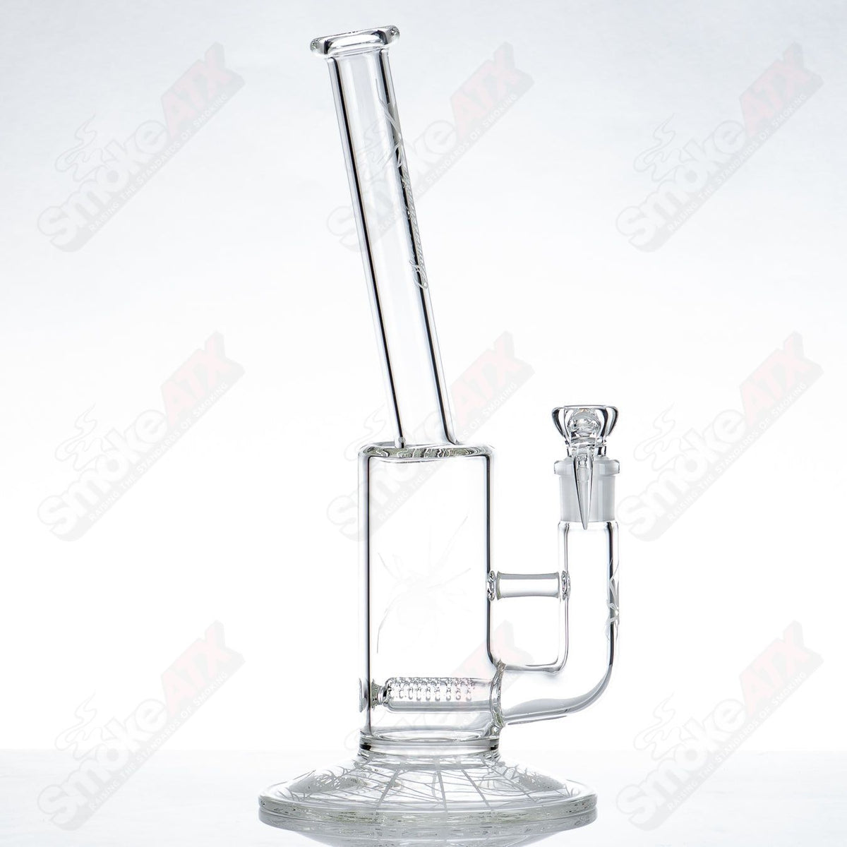 Sovereignty Glass Queen Stemline clear straight tube with bent neck and Halloween pattern, featuring detailed glass artwork.