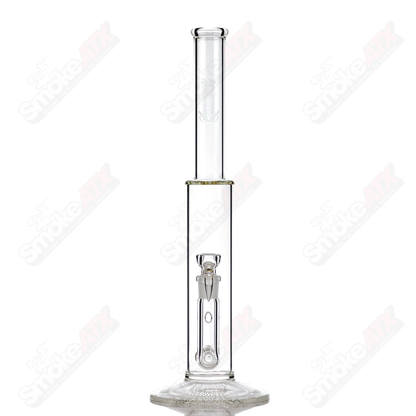 Clear Sovereignty Glass Queen Stemline straight tube with patterned foot and sleek design, showcasing craftsmanship and clarity.