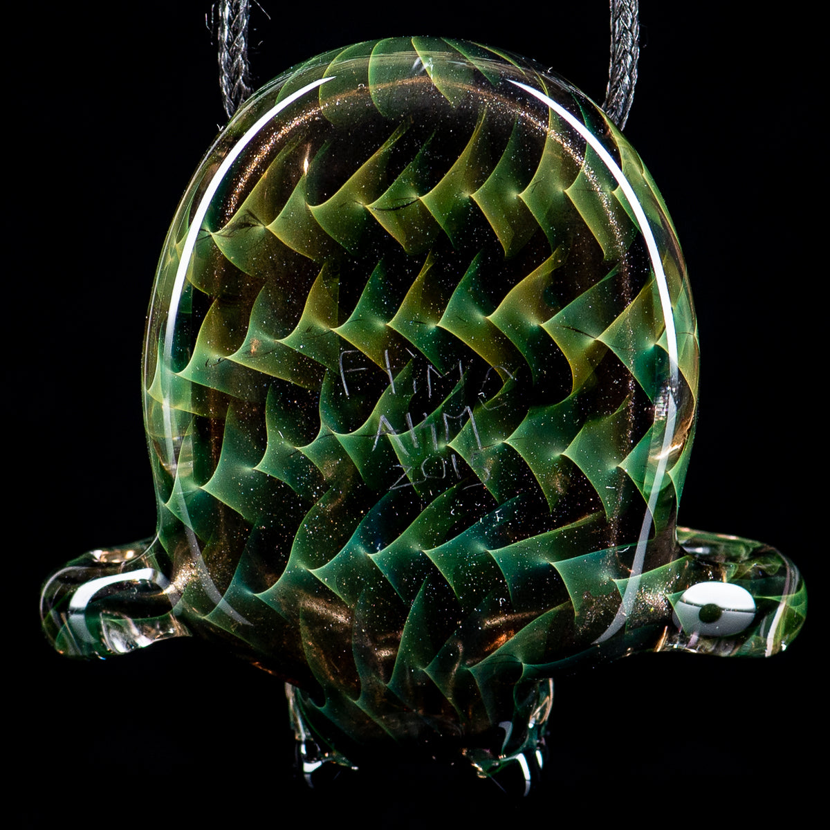 Akm X F-Time signed 2015 heady glass pendant featuring intricate glasswork and vibrant colors.