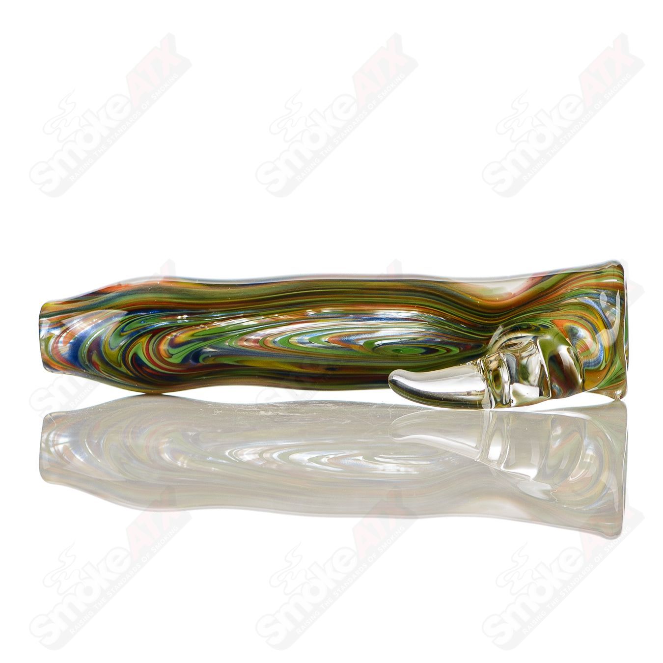 Rainbow-colored worked glass chillum with clear horn accent and signature from JMK Glass, featuring intricate design details.