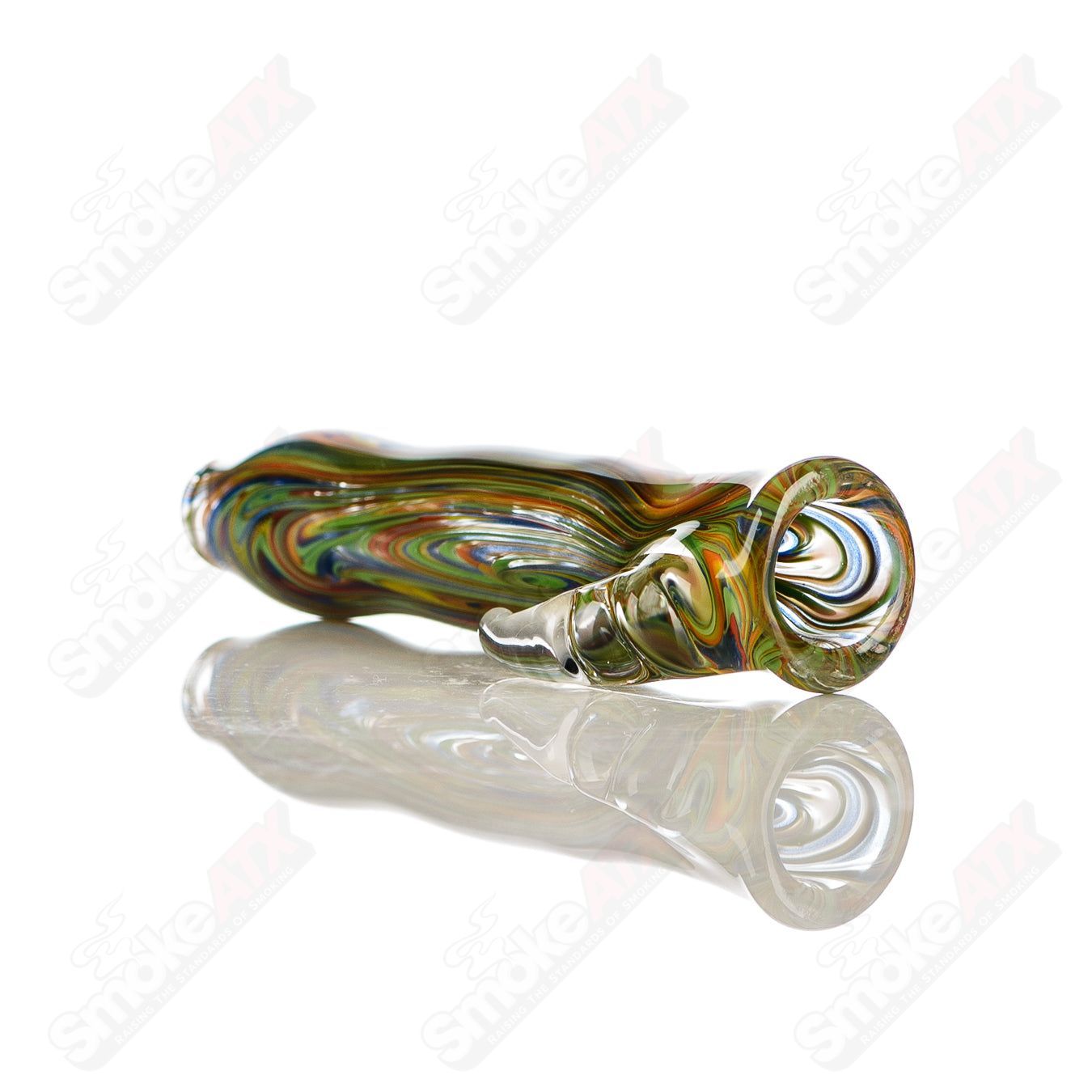 Rainbow-colored JMK Glass chillum with worked design and clear horn accent, signed, showcasing intricate glass art.