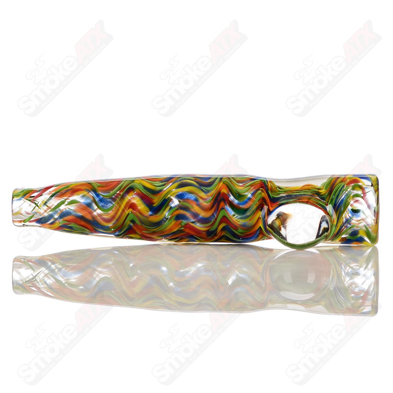 Rainbow confetti wave chillum by JMK Glass featuring clear dot design, handcrafted glass smoking pipe with colorful pattern.