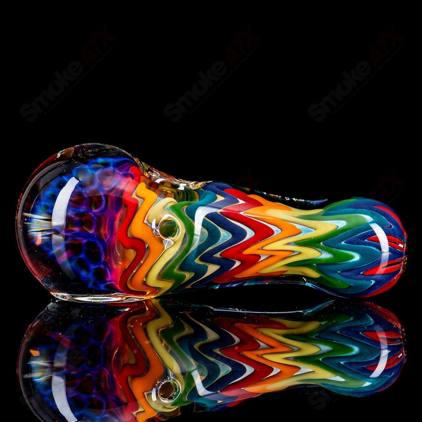 Rainbow dichro line work glass spoon pipe with honeycomb cap by Shane Smith, featuring vibrant rainbow colors and intricate design.