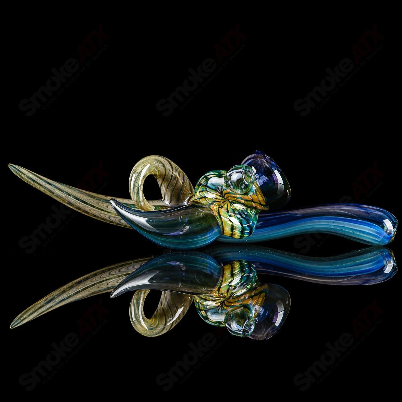 Dosh Glass Raptor Hand Pipe, a colorful heady glass hand pipe with intricate Raptor design and detailed craftsmanship.