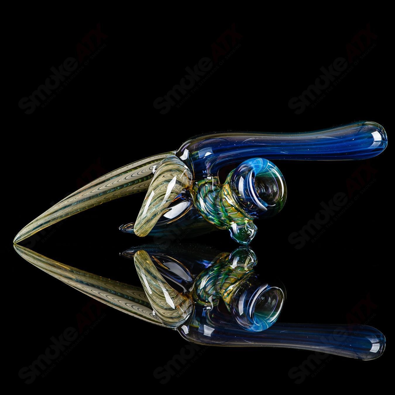 Dosh Glass Raptor Hand Pipe in vibrant heady glass design, featuring detailed Raptor imagery, ideal for smoking enthusiasts.