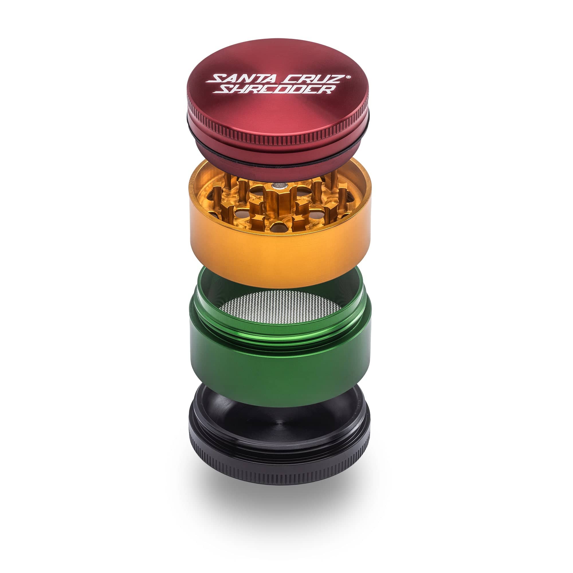 Rasta 4-piece medium metal grinder by Santa Cruz Shredder with colorful Rasta design and multiple grinding chambers.