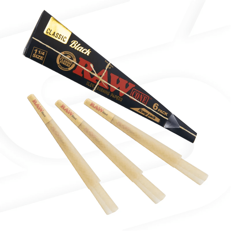 Raw Black 1 1/4 Cones for rolling, featuring black unclassified paper and natural raw tobacco inside.