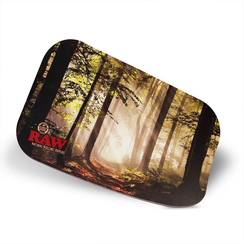 RAW Forest Small Magnetic Tray Cover for 420 Rolling Trays, featuring a detailed forest design on a durable metal cover.