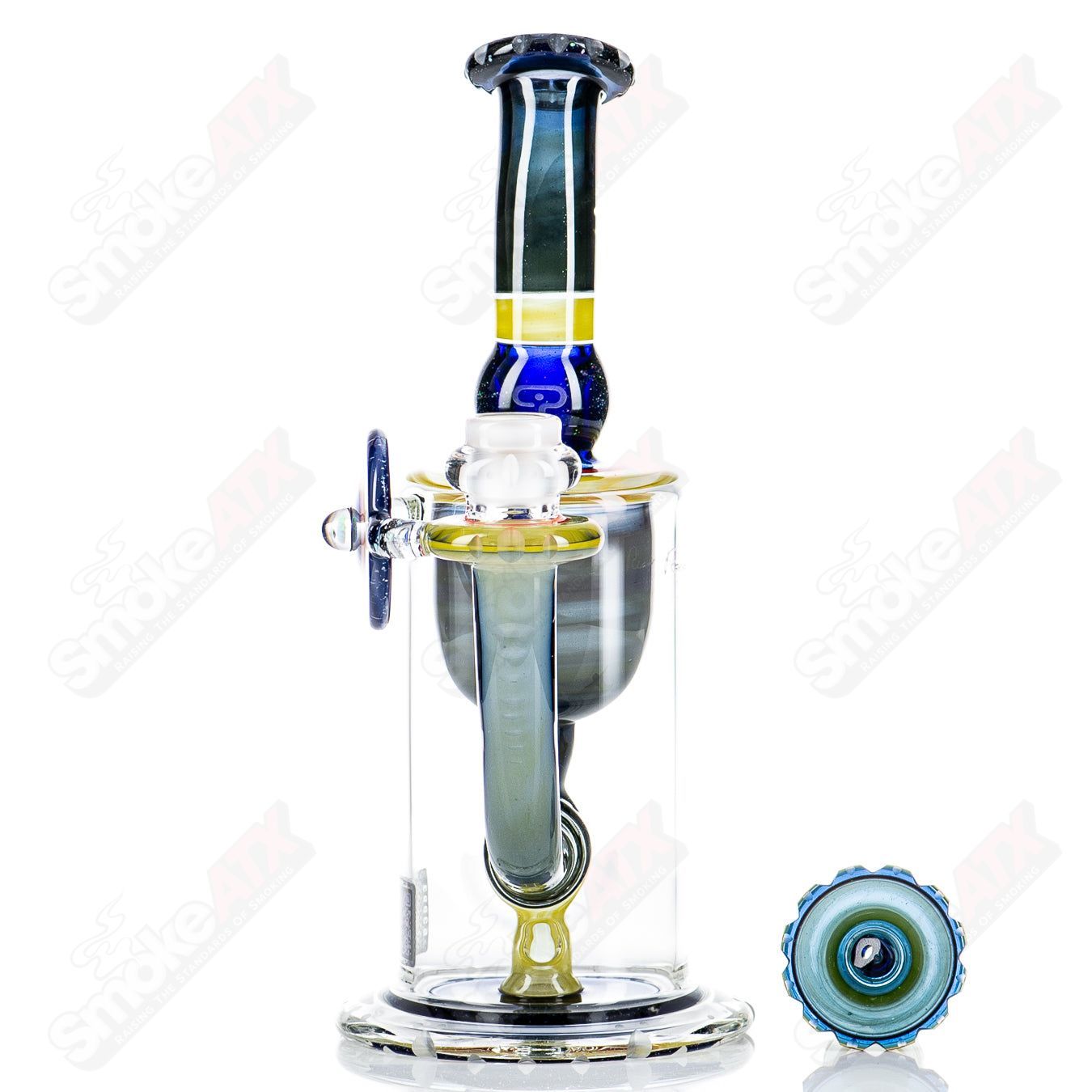 Mobius Recurve Circle Solo #6 Heady Glass Bubbler with intricate glasswork, designed for smooth smoking experience.