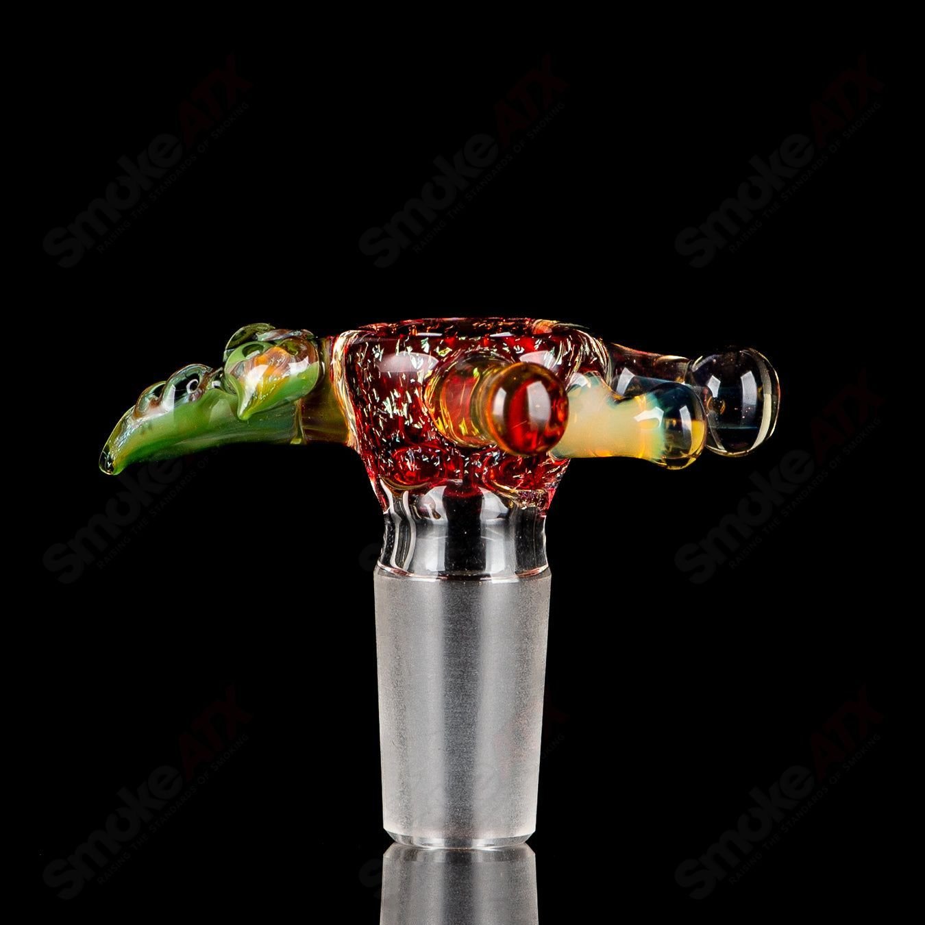 Red 14mm 3-hole slide bowl by Mr. Gray for Heady Glass, featuring a vibrant red color and three-hole design.