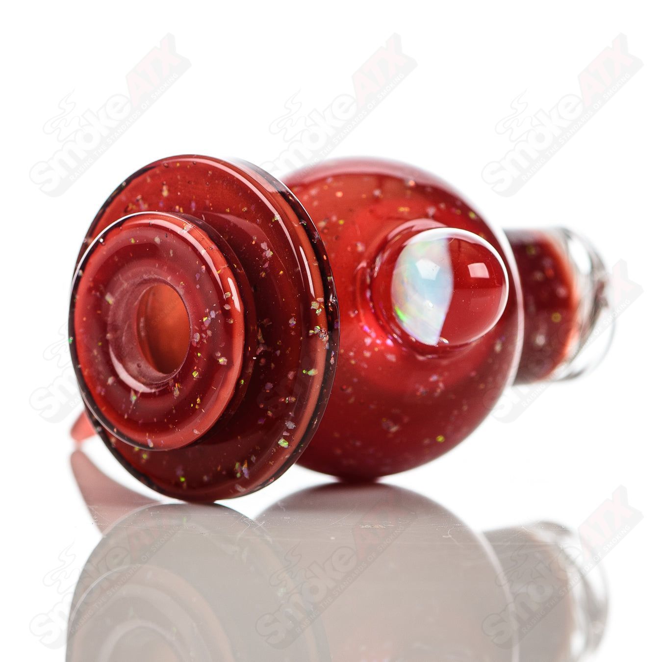 Red Elvis Crush Opal glass spinner cap for carb, by Glassical Creations & Glass Carpenter, with vibrant red and opal details.