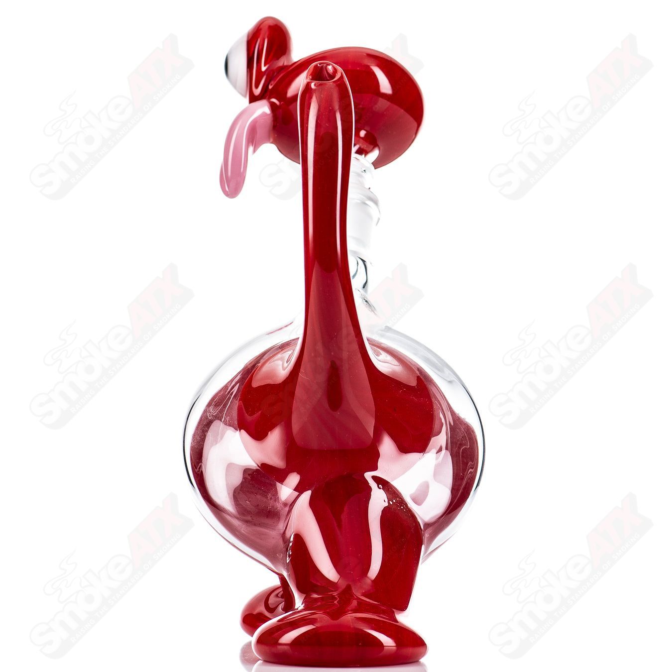 Red Jelly Head Rig by Down Neck Glass, 2011, a colorful head-shaped heady glass bubbler with intricate details and vibrant red accents.