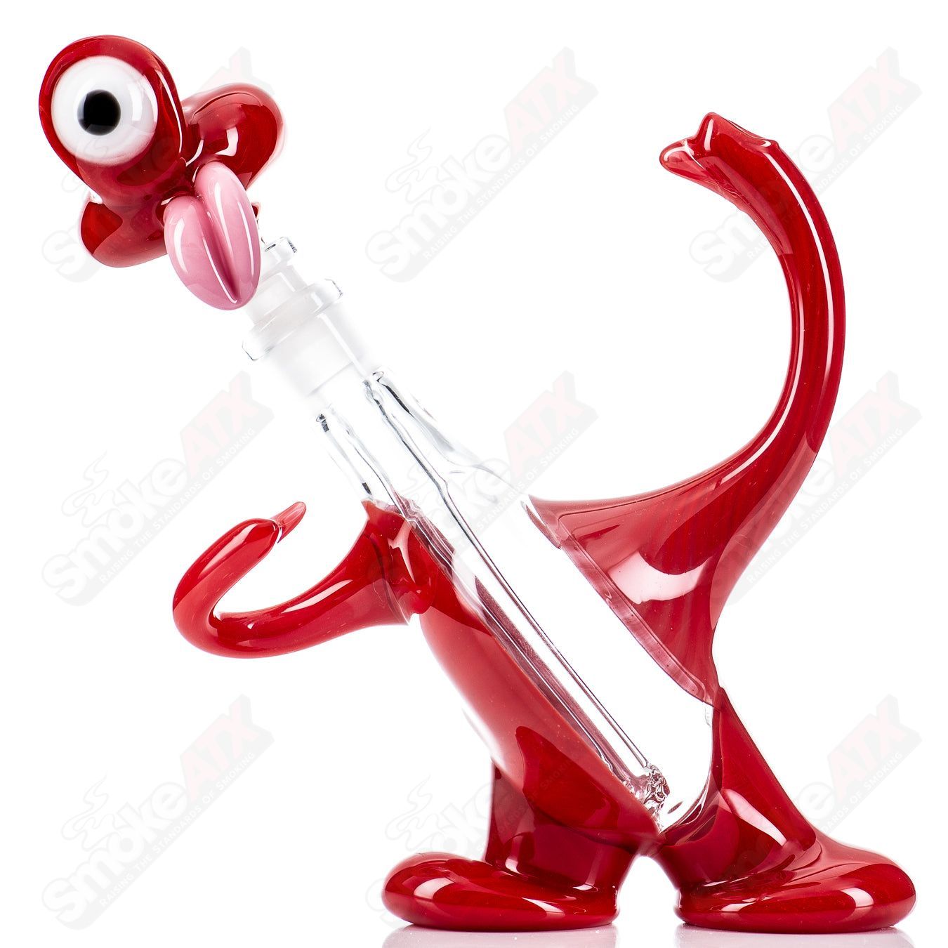 Red Jelly Head Rig by Down Neck Glass, 2011, a colorful head-shaped bubbler with intricate glasswork and vibrant red accents.