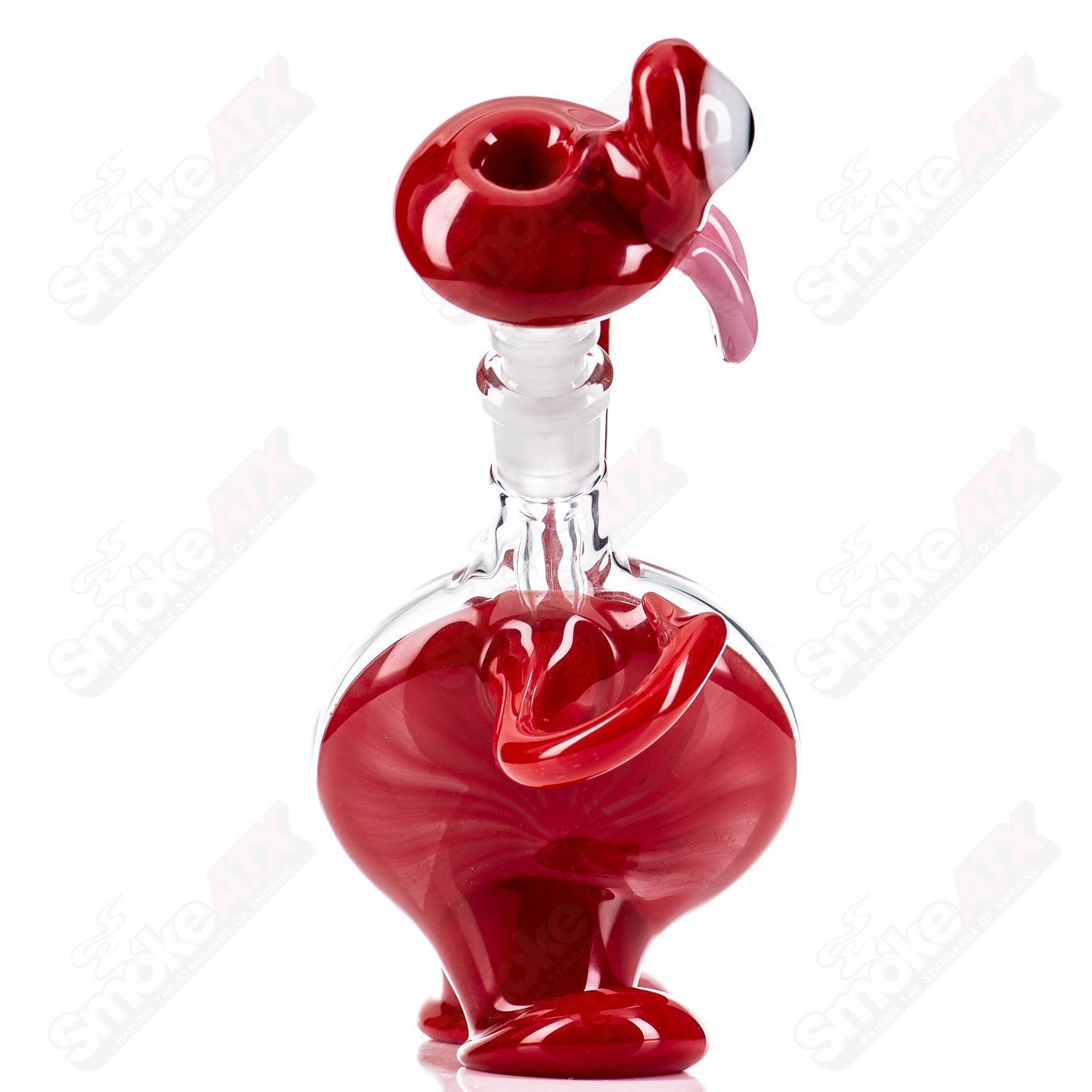 Red Jelly Head Rig by Down Neck Glass, 2011, a colorful head-shaped bubbler with intricate glasswork and vibrant red accents.