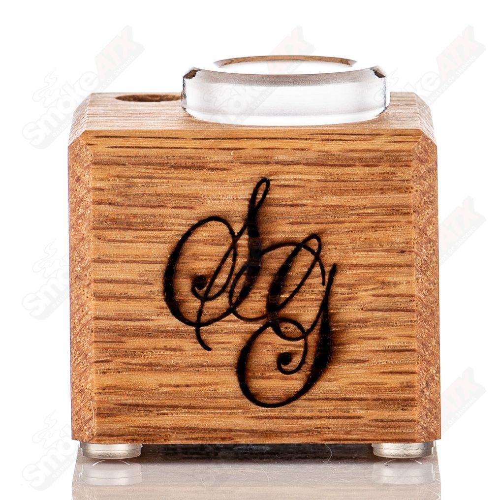 Red Oak 1-Hole Slide Stand for Glass by Sovereignty Glass, showcasing a sturdy, polished wooden stand with a hole for secure glass placement.