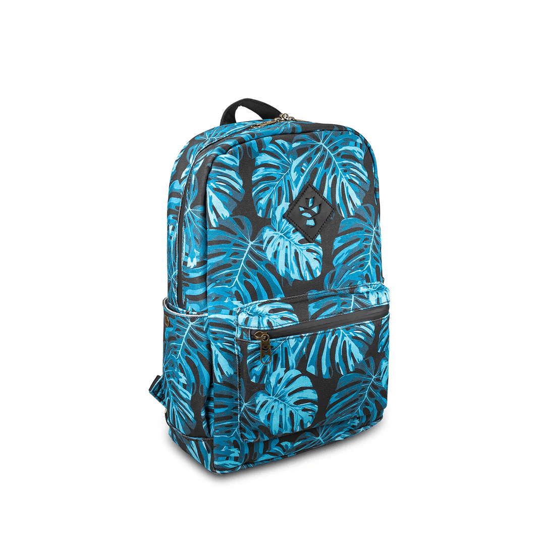 Revelry The Explorer smell-proof backpack showing its sleek design, multiple compartments, and durable outdoor-ready material.