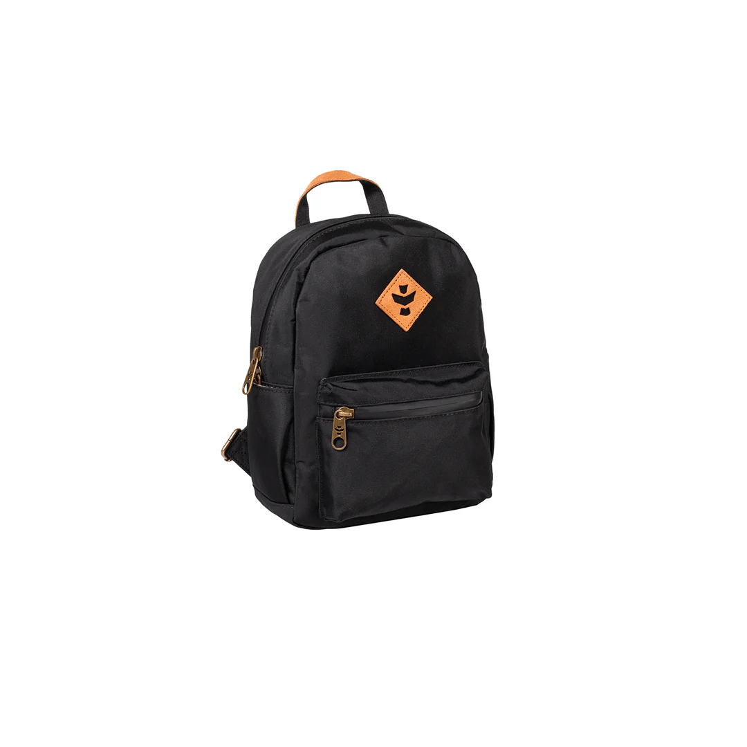 Revelry The Shorty smell-proof mini backpack in black, compact lifestyle bag with secure zipper closure and adjustable straps.