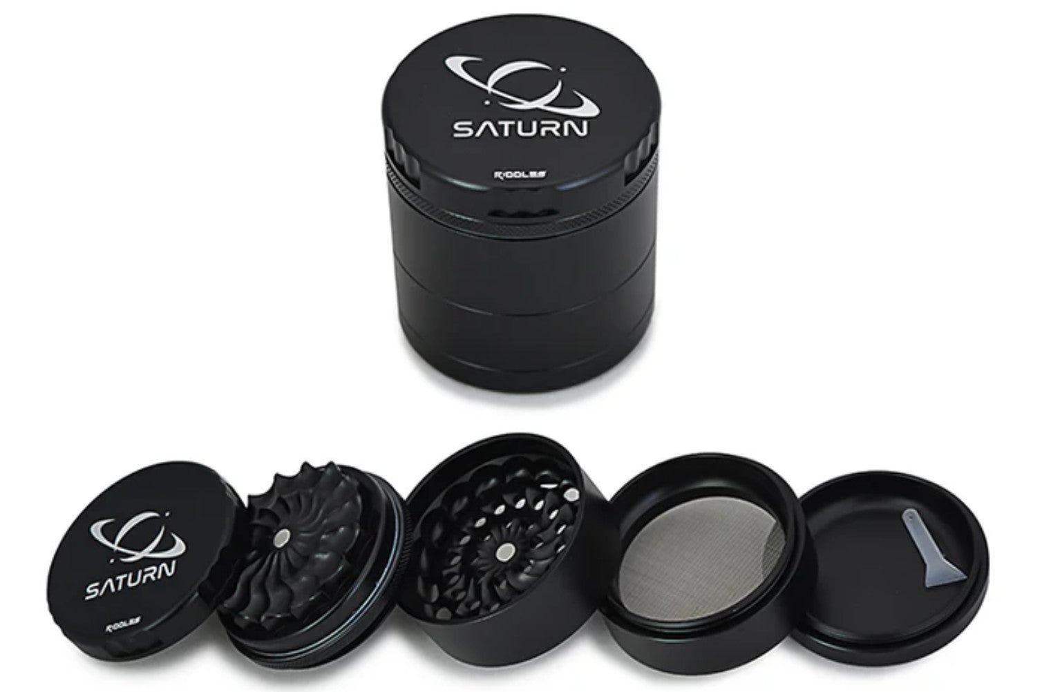 Riddles 63mm 5-piece Saturn grinder mill with multiple compartments for grinding and storage, made of durable metal.