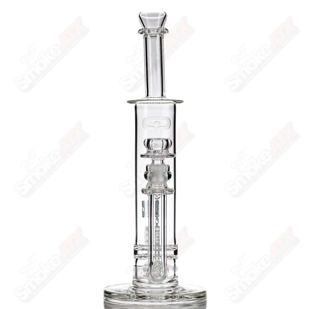 Mobius 50T Stereo Matrix V6 Clear Glass Waterpipe with Mobius logo and intricate water filtration design.
