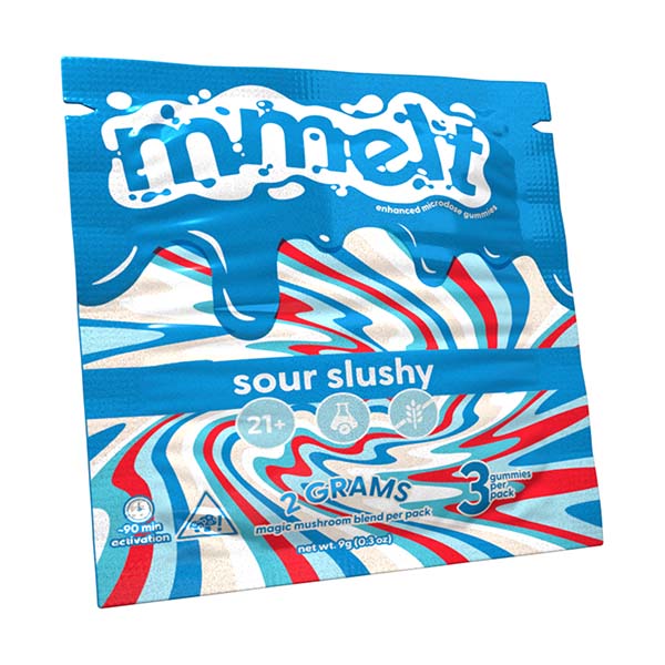 3-carat MMelt Sour Slushy Mushroom Gummies with vibrant colors, showcasing colorful mushroom-shaped edible candies.