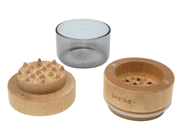Black Glass 3pc Wood and Glass Storage Grinder RAW Natural Wood Grinder 65mm Fine Grind - Smoke ATX