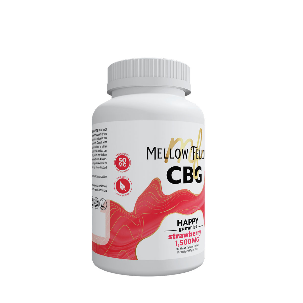 Strawberry flavored 1500mg CBG hemp wellness gummies by Mellow Fellow in a 30-count bottle, featuring colorful gummy bears.
