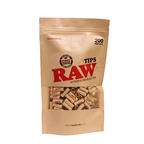 Pre-rolled RAW paper tips for rolling, shown in a close-up image of 200 tips in a clear container.