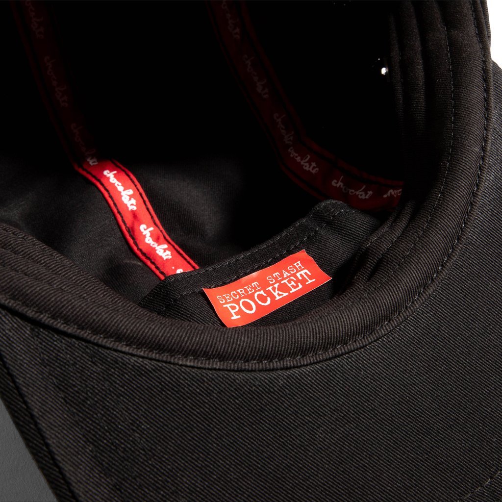 Ryot Chocolate 5 Panel Stash Cap, a stylish black hat with a flat brim and subtle logo detail, suitable for casual wear.