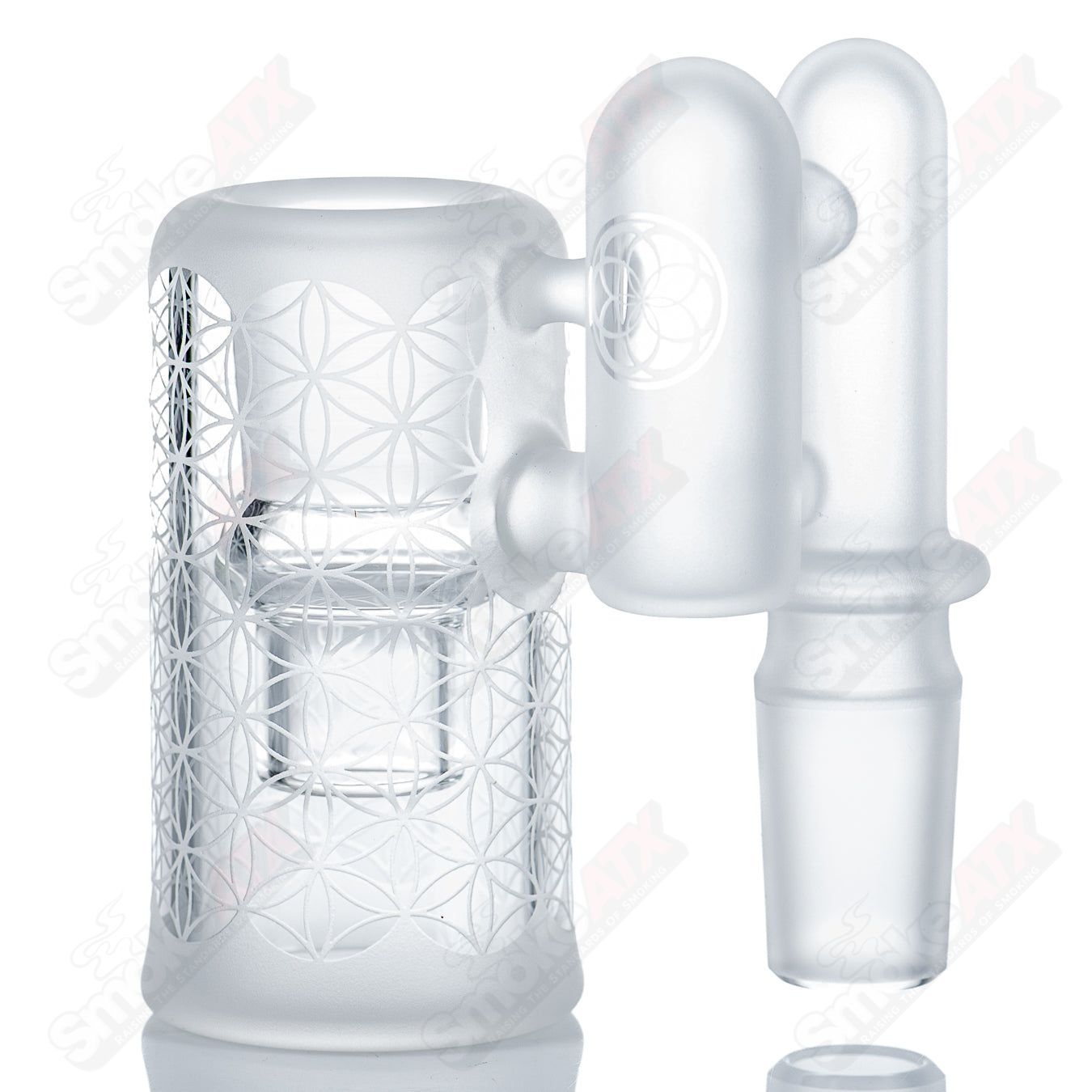 Sacred-G 18mm dry catch heady glass piece by SoL Glassworks, featuring intricate designs and clear glass construction.