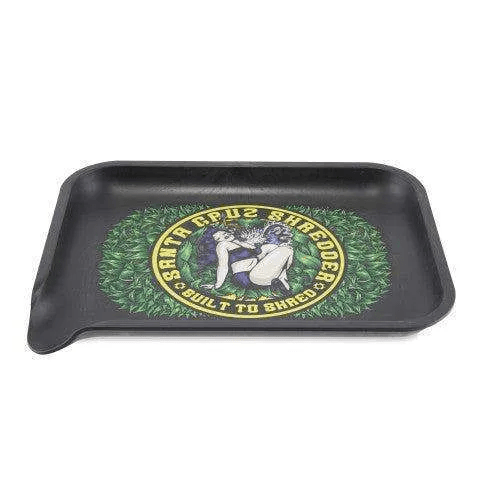 Santa Cruz Shredder Built To Shred rolling tray with vibrant design, featuring the Santa Cruz Shredder logo and ample space for rolling accessories.