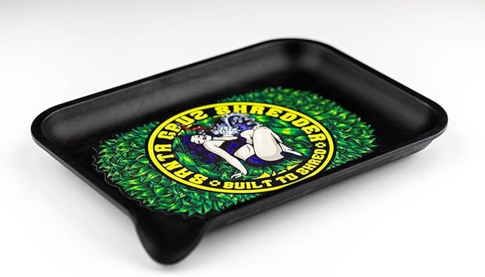 Santa Cruz Shredder Built To Shred rolling tray with colorful design and raised edges for organized rolling and storage.
