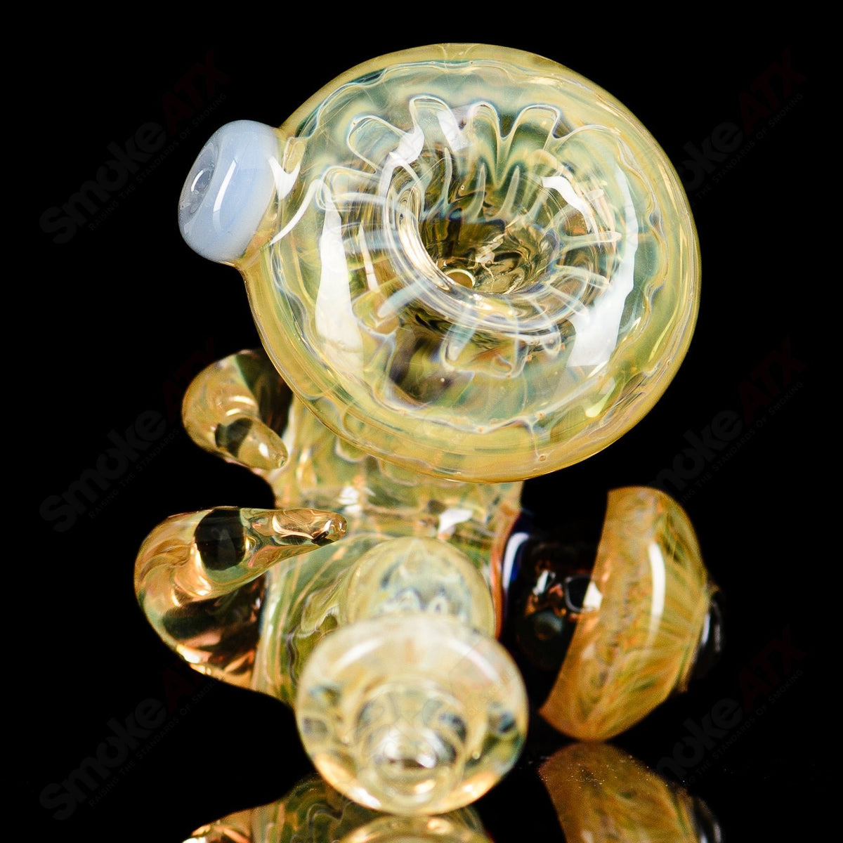 Fumed marble Sherlock glass pipe by JMK Glass, featuring swirling marble design and clear glass construction.
