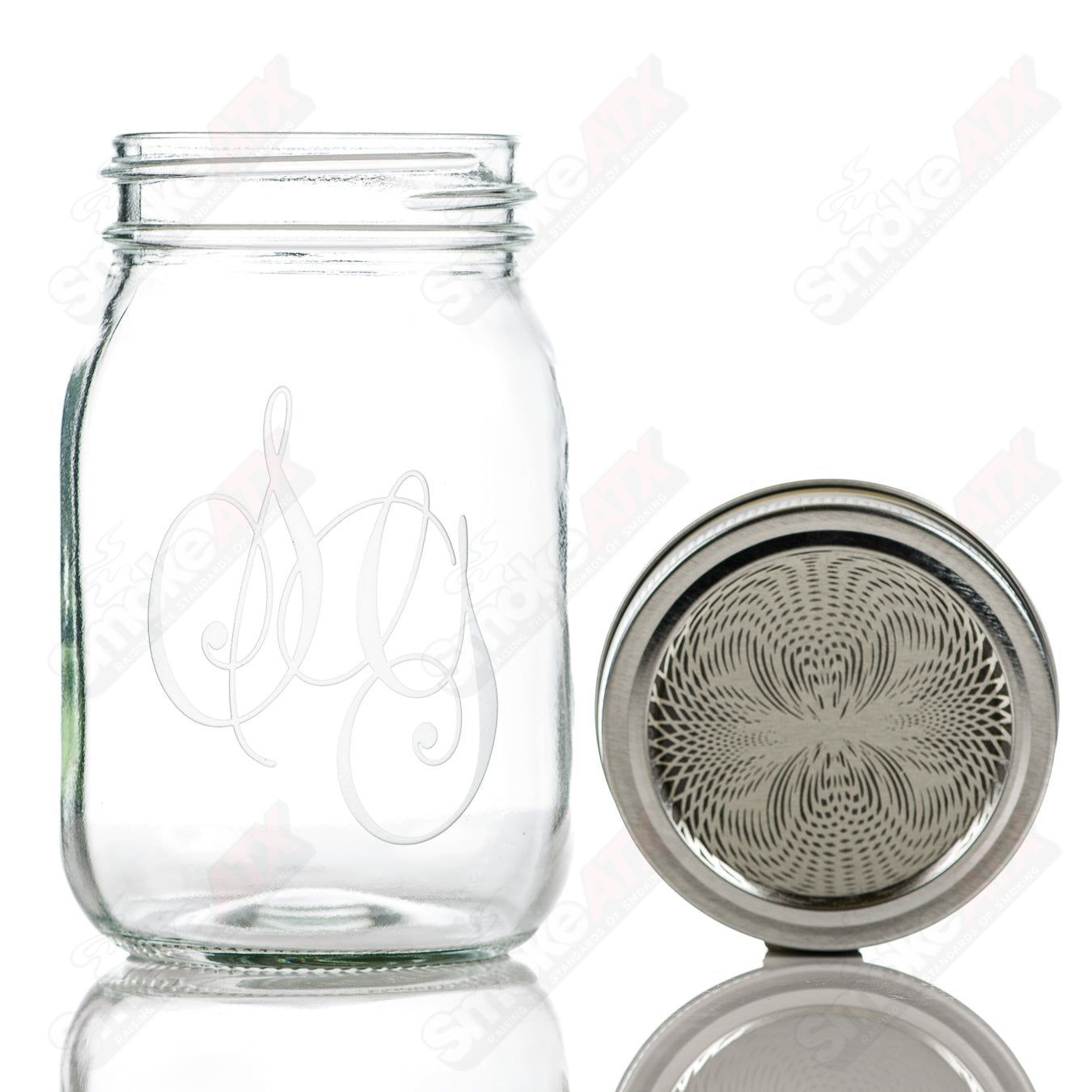 Sovereignty Glass SG Monogram Logo Mason Jar for storage, with clear glass and Sovereignty branding visible on the jar.