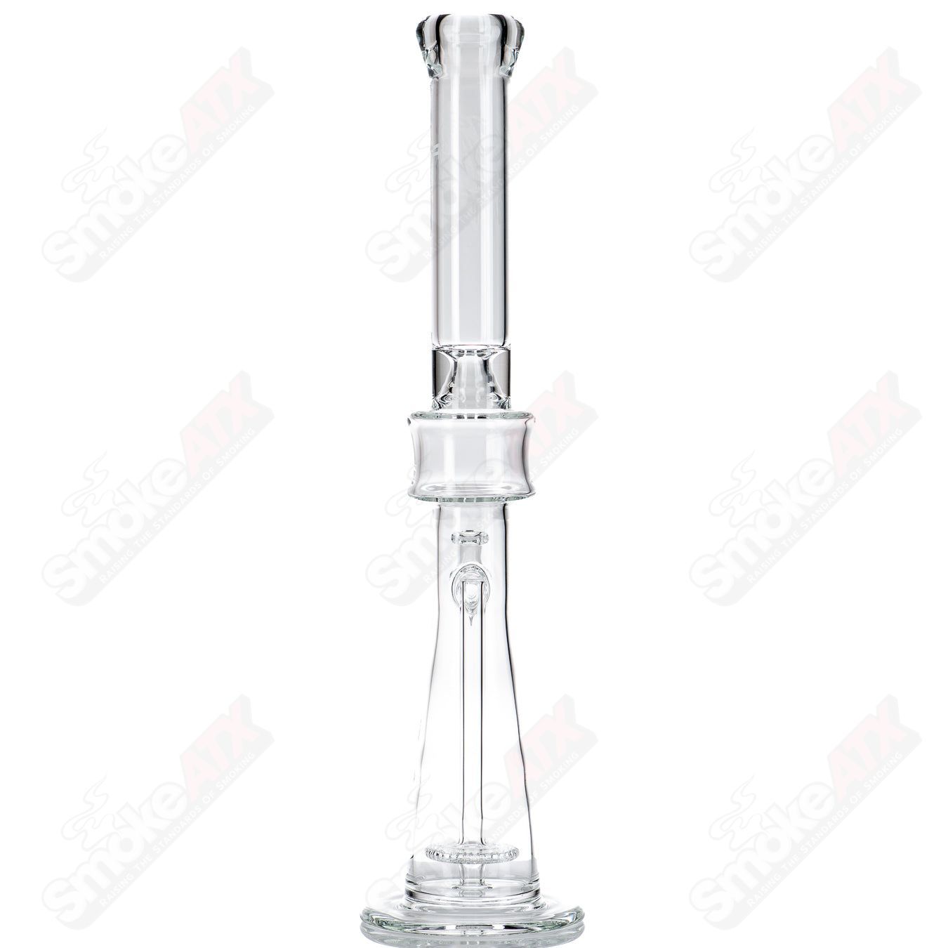 Clear glass single perc tube by Mad Rob, straight design, with percolator for smooth filtration, shown against a neutral background.