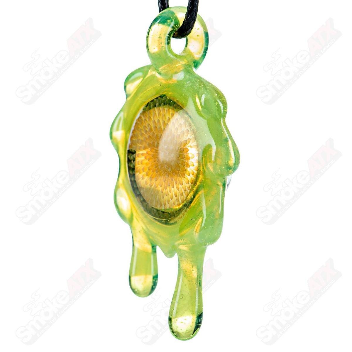 Daisuke Saito Glass slime-fume opal pendant from the Disk of Slop collection, showcasing vibrant, swirling glass art.