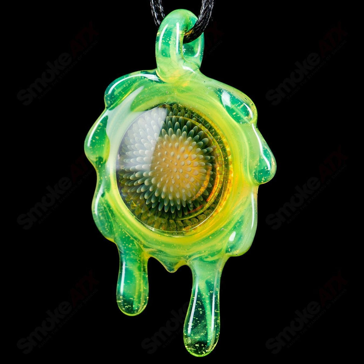 Daisuke Saito Glass Slime Fume Opal Pendant from Disk of Slop, featuring vibrant, swirling glass art in a pendant shape.