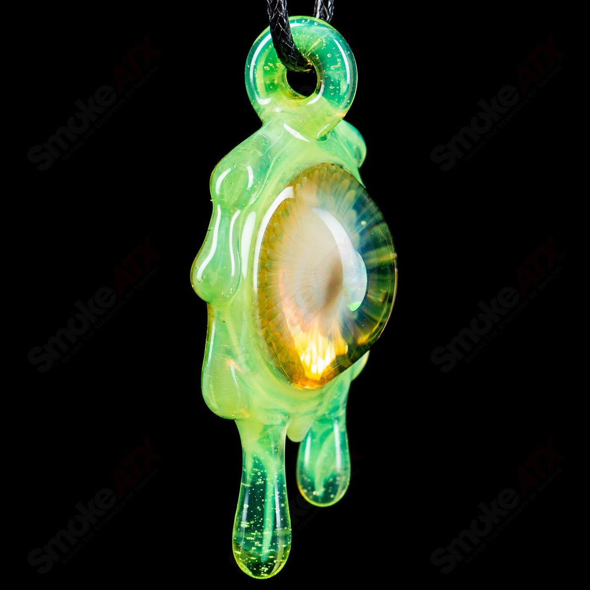 Daisuke Saito Glass Slime Fume Opal Pendant from Disk of Slop, featuring vibrant, swirling glass art pendant on a chain.