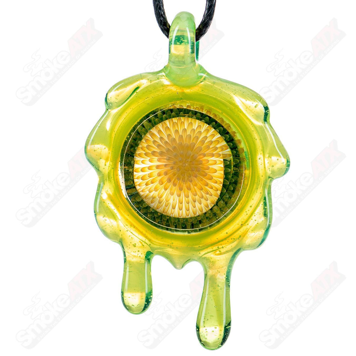 Daisuke Saito Glass Slime Fume Opal Pendant from Disk of Slop, featuring vibrant, swirling glass art on a pendant necklace.