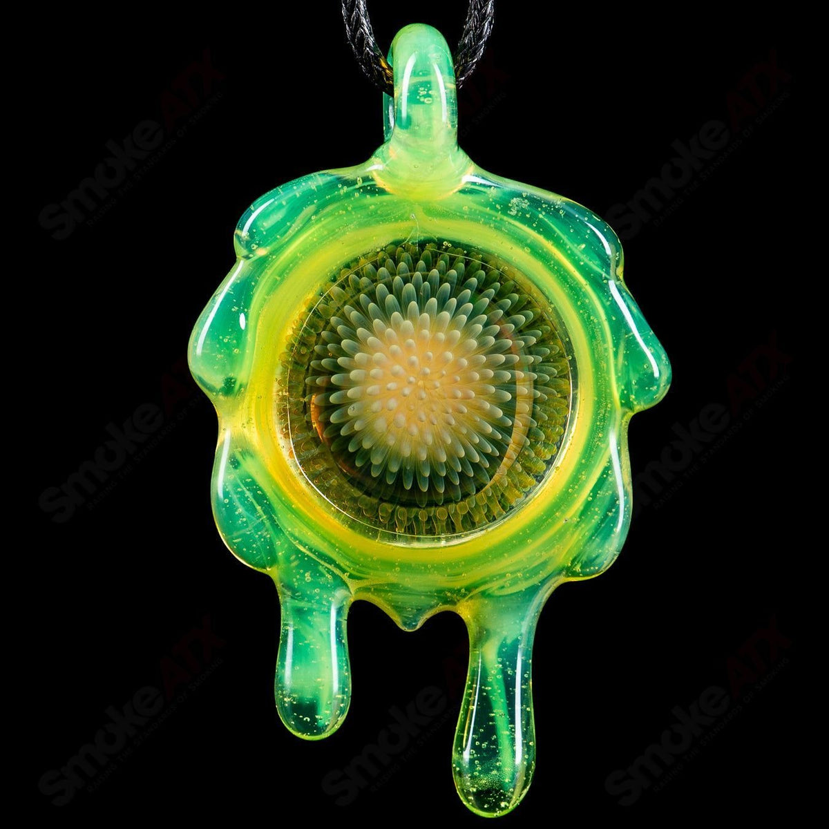 Daisuke Saito Glass slime fume opal pendant from the Disk of Slop collection, featuring colorful, swirling heady glass art.