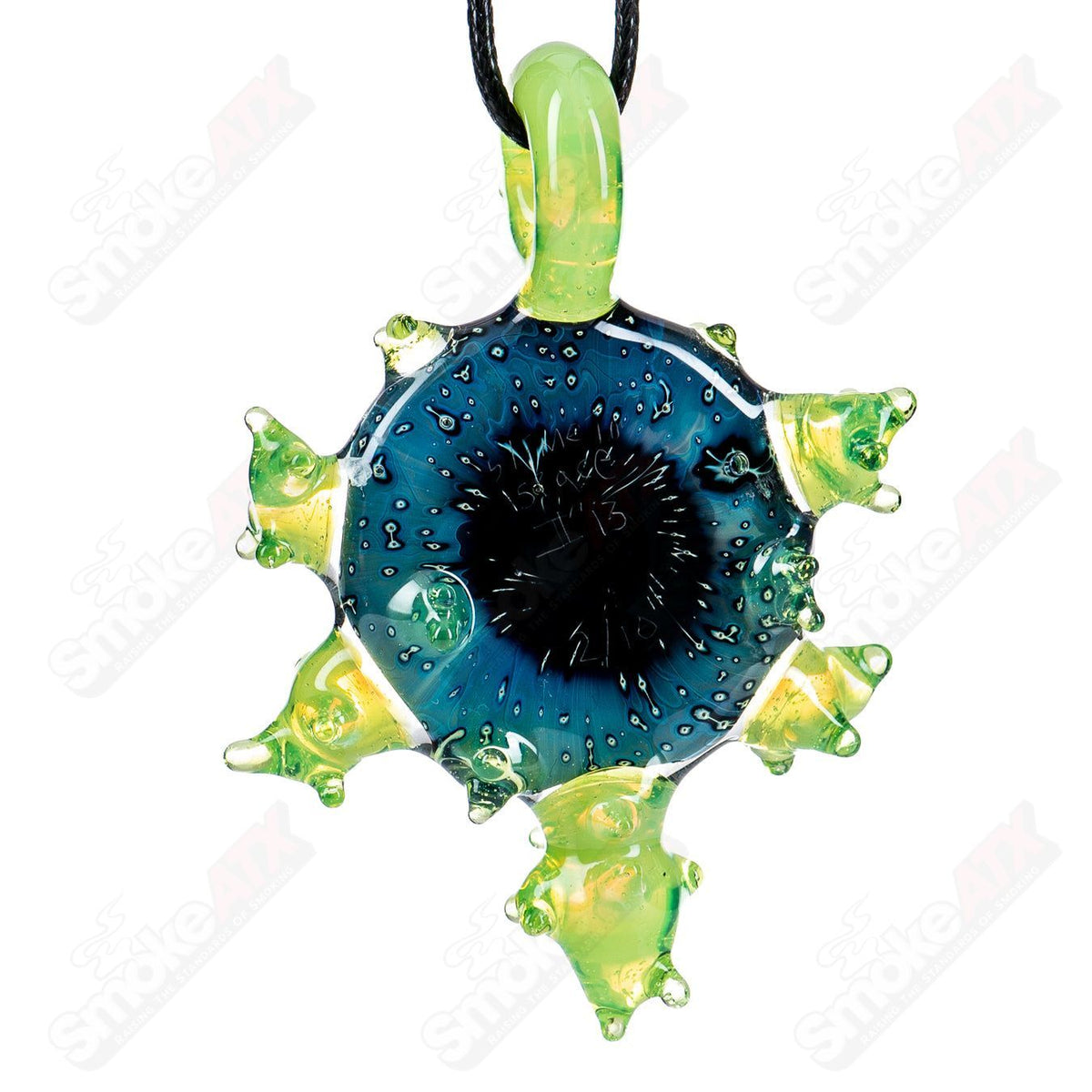 Gemini Glass Slime In Space pendant, signed II'13 2/10, glass jewelry featuring a cosmic slime design, displayed on a neutral background.