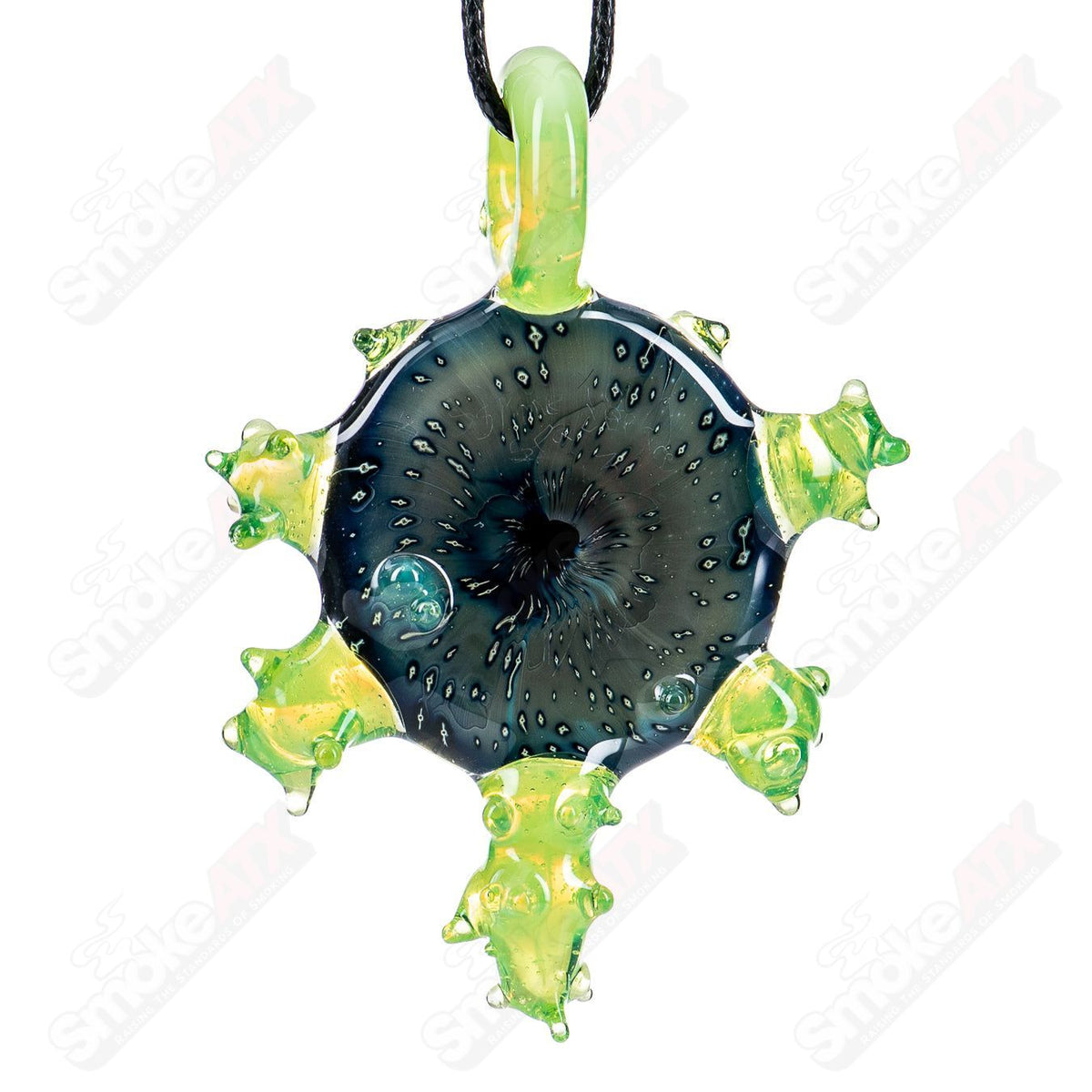 Glass pendant titled "Slime In Space" by Gemini Glass, signed II'13 9/10, featuring a unique space-inspired design.