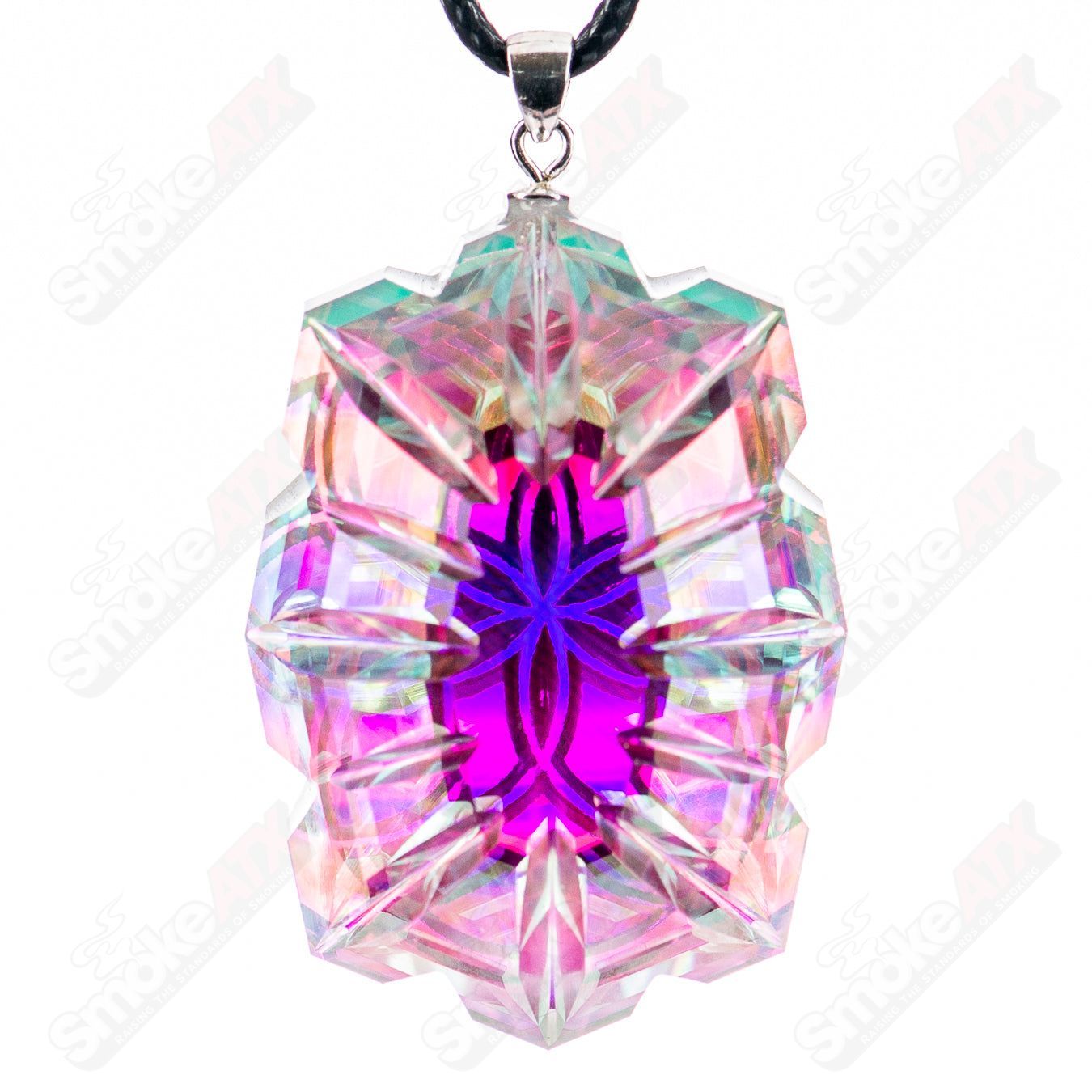 Fatal Facets SOL Pendant, heady glass pendant with intricate fatal facets design, hanging on a chain.